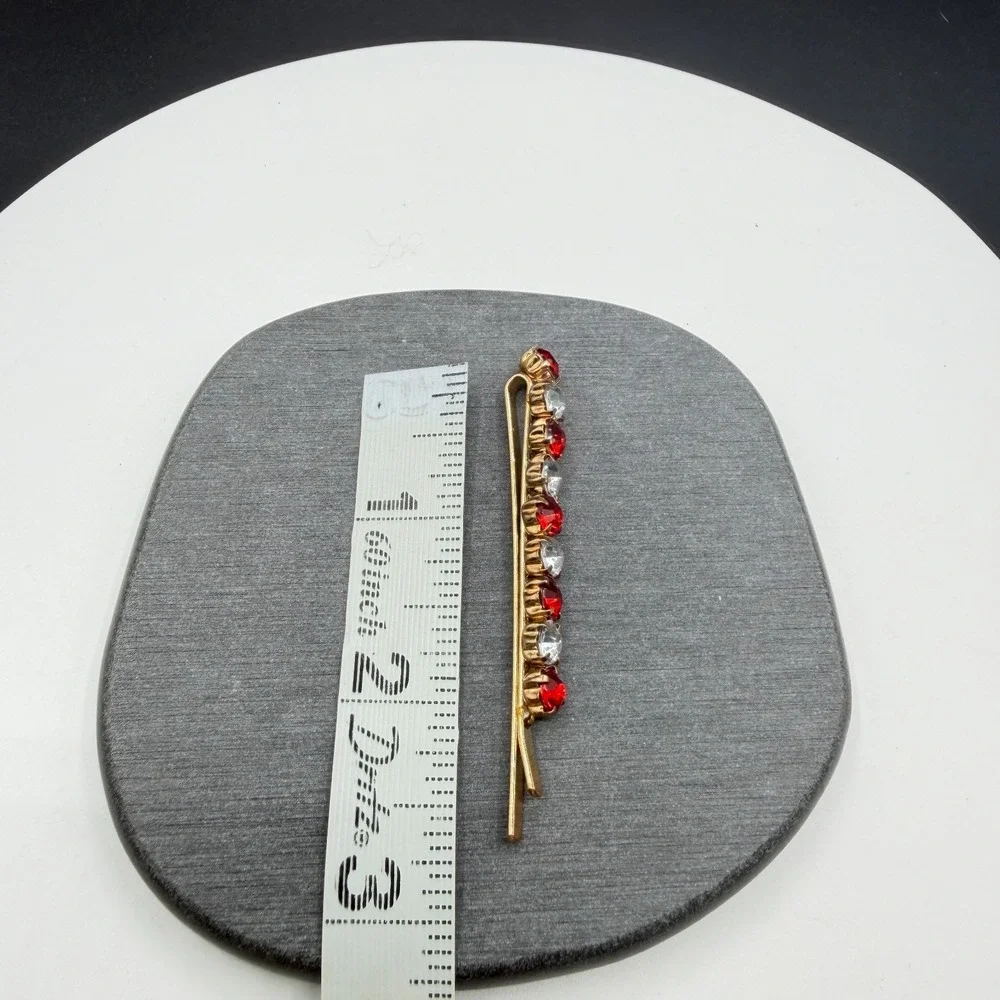 Gold Tone Red Clear Rhinestone Hair Barrette Clip Prong Set Bridal Accessory